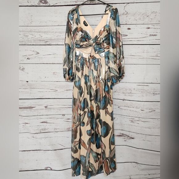 Bebe Print Lame Long Sleeve Twist Front Dress Gown 4 NWT - Picture 2 of 8